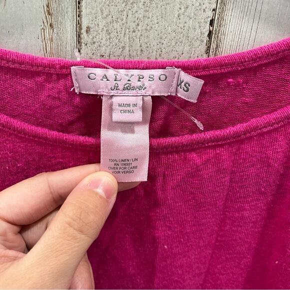 Calypso St. Barth Pink 100% Linen Open Sleeve Cold Shoulder Flowing Top - Picture 4 of 6